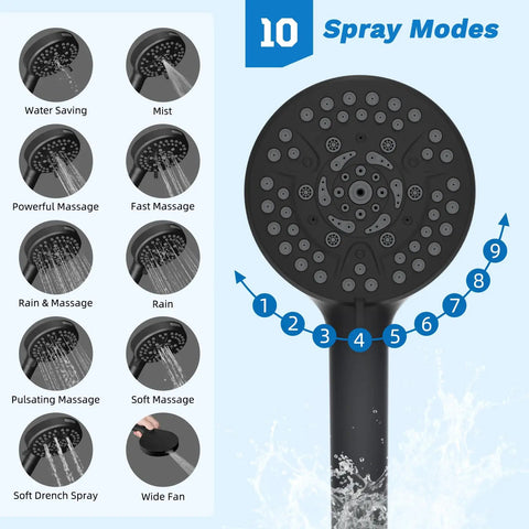 Badass 13 Inch Rainfall Shower Head Setup With Ten Function Handheld Sprayer For Those High Pressure Showers, showing 10 spray modes on a black handheld sprayer.
