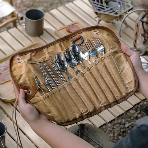 Open Trail Ready Stainless Steel Camping Utensil Kit With Spoon Fork Chopsticks, Portable Travel Flatware Set for hiking and picnics.