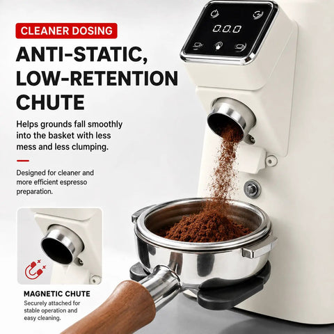 Top Tier Commercial Espresso Grinder Featuring 64Mm Stainless Steel Flat Burrs Timed Dosing Button Bright Digital Display pouring coffee grounds into a portafilter.