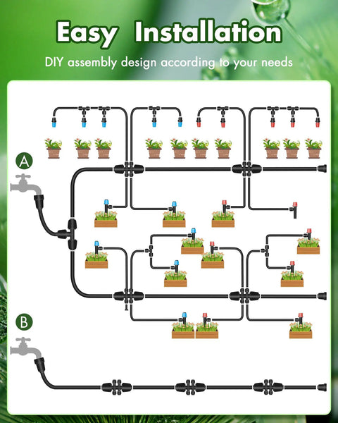 Diagram of 240 Feet Drip Irrigation System Kit for Automatic Garden Watering with Half Inch and Quarter Inch Tubing