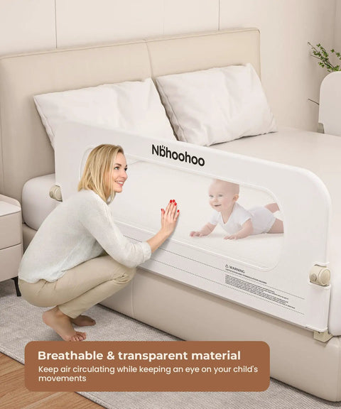 Woman with Universal 47 Inch Toddler Bed Rail Extra Long Foldable Gap Free Guard Fits Twin Full Queen And King Beds Safe Bed Rail