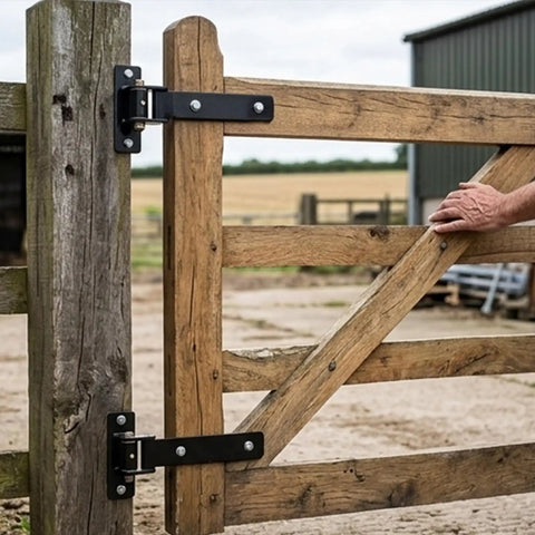 Heavy Duty Stainless Steel T Shape Barn Door Hinges With Smooth Bearing Built To Last For Commercial Gates And Garage Doors shown on a gate