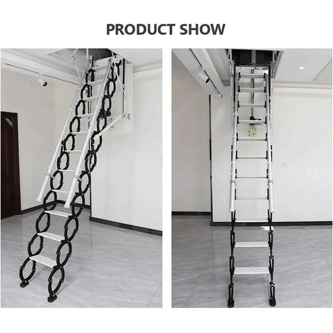 Heavy Duty Remote Attic Ladder For Seamless Ceiling Access With Electric Pull Down System And Foldable Retractable Steps To Slash Household Clutter And Save Major Floor Space In Eighty By One Hundred Twenty Centimeter Profile in a modern home setting.
