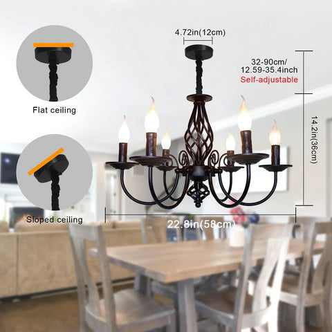 French Country Chandelier For Kitchen And Dining Room Vintage Candle Style Six Light Farmhouse Pendant Light In Matte Black For Living Room Cozy Rustic Vibe With Classic Charm And Durable Fixture in dining area with size details