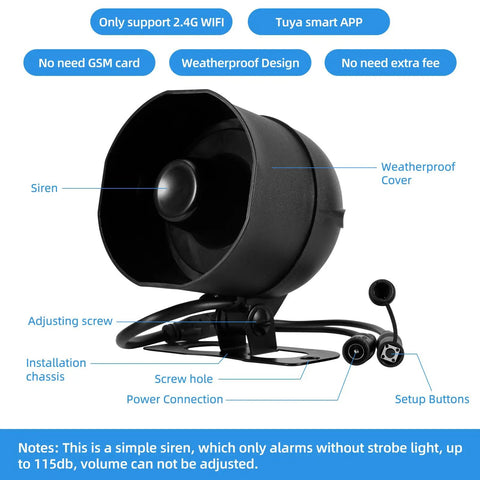 Heavy Duty Wifi Siren Host For Smart Home Security Rock Solid Knockout Protection Expanding Up To Fifty Sensors Without Hassle Top Shelf Instant Alerts In Black, showing detailed installation parts and weatherproof design.