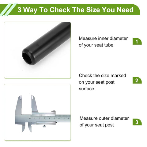 Universal 28.6x200mm Black Bike Seat Post size check guide with measurement tools for road, mountain, and city bikes.