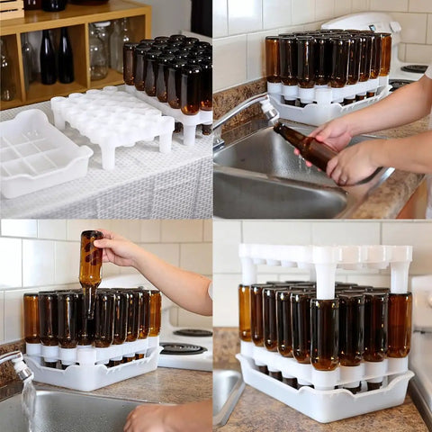 Top Shelf Bottle Drying Rack And Tray Bundle For Homebrewers Holds Sixty Vessels Stackable Dishwasher Safe Stand keeping glassware drying by the sink.