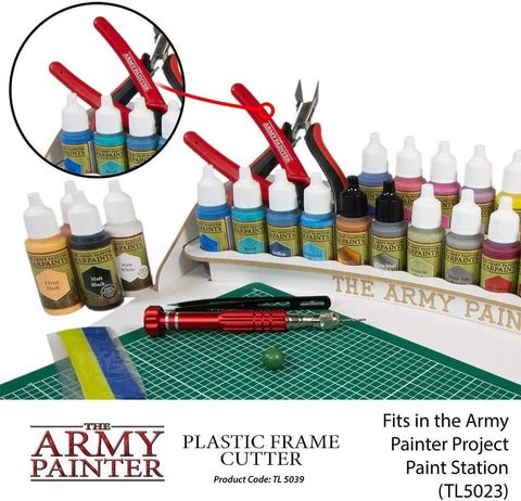 Plastic Frame Cutter For Miniatures Stainless Steel Flush Cutter With Safety Grip Handle shown among hobby paints.