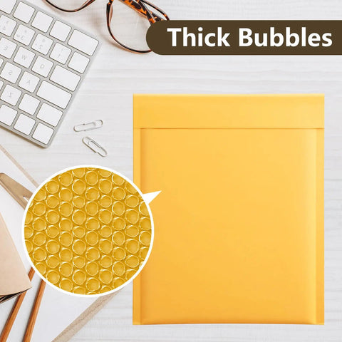 Yellow Kraft Bubble Mailers 25 Pack Self Sealing Padded Envelopes 10.5 By 16 Inch highlighted with thick bubbles