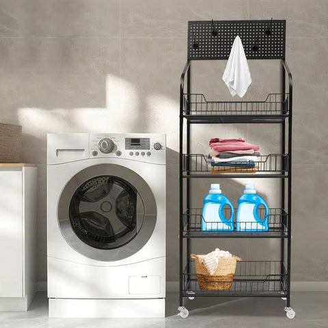 Heavy Duty 4 Tier Wire Shelving Storage Rack With Tough As Nails Metal Shelves And Raised Edge Baffles holding laundry supplies next to a washing machine.