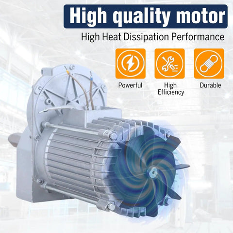 Industrial motor showcasing high quality, heat dissipation, and durability features in a warehouse setting.