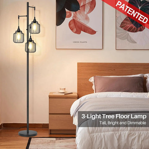 Dimmer Floor Lamp With 3X 800LM LED Edison Bulbs, tall corner lamp in farmhouse black next to a bed in a cozy bedroom setting