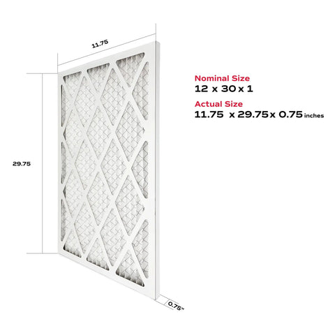 12x30x1 MERV 11 Allergen Air Filter 4 Pack Electrostatic Pleated Replacement dimensions illustration