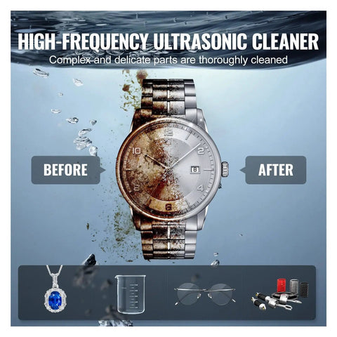 Before and after images of a watch cleaned with Professional 10L Ultrasonic Cleaner 300W 40kHz With Timer & Heater.