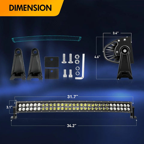 32 Inch LED Light Bar For Trucks Off Road Beefy Curved 180W Flood Spot Combo Beam Driving Lamp Work Light Kit with 34.2 inch dimensions