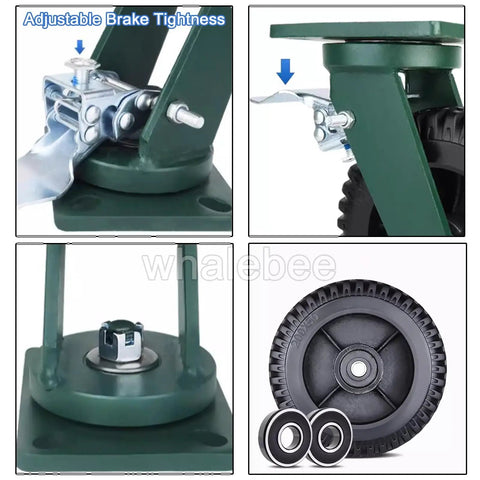 Top Shelf Heavy Duty Industrial Caster Set Of Four Six And Eight Inch showing adjustable brake, steel bracket, thrust ball bearing, and solid rubber tire.