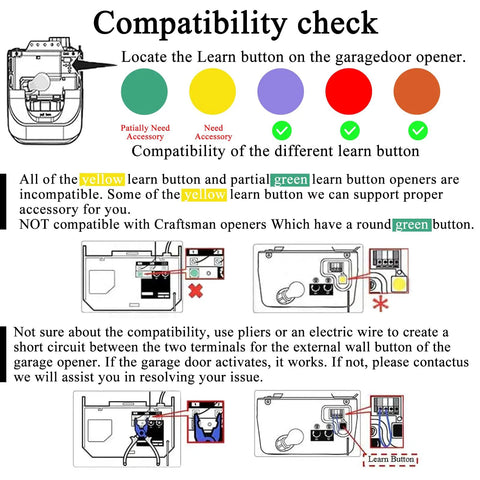 Compatibility chart for WiFi Garage Door Opener Remote with Alexa Google Assistant and Siri, showing learn button types.