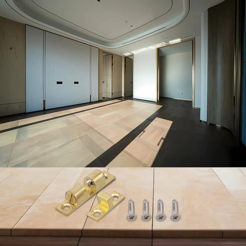Premium 70mm Brass Ball Roller Catch For Cabinet Doors And Machines with adjustable steel rollers and screws on wooden surface.