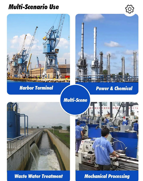 Heavy Duty Polyethylene Outrigger Pads For Cranes And Trailers, No Sweat Setup With Comfort Grip Handle, Round RV Leveling Blocks, Rock Solid 35 Ton Capacity On Uneven Ground. Multi-scenario image showing various industrial applications like harbor terminal, power and chemical, waste water treatment, and mechanical processing.