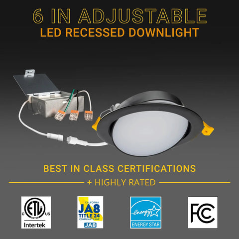 Six Inch Black Gimbal LED Recessed Canless Wafer Lights With 5 CCTs 2700K To 5000K, Dimmable 1050 Lumen, 12W Downlight image