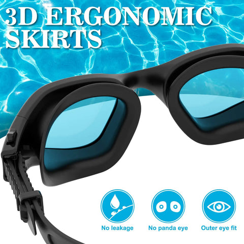 Straight Up Crisp Polarized Swimming Goggles For Outdoor Pool And Surf Featuring Legit Anti Fog Tech showing ergonomic black frame and blue lenses.