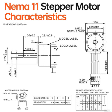 Nema 11 stepper motor technical drawing with front/side views, dimensions and 4-wire bipolar wiring (A+/A-, B+/B-).