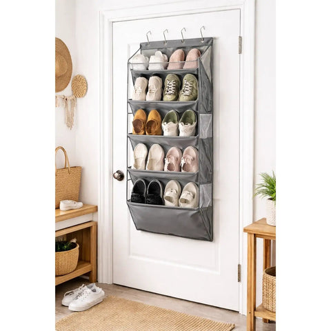 Heavy Duty Over The Door Shoe Organizer Multi Pocket Space Saving Closet Hanger for sneakers and slippers on a door.