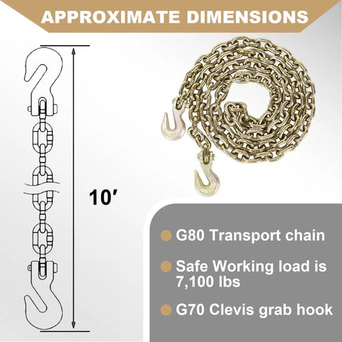 Heavy Duty Chain And Binder Set Three Eighths To One Half Inch G80 Transport Chain Ten Feet Four Pack With Ratchet Load Binders Nine Thousand Two Hundred Lbs WLL For Trucking Trailers And Industrial Agricultural Traction Applications, showing chain dimensions and capacity.