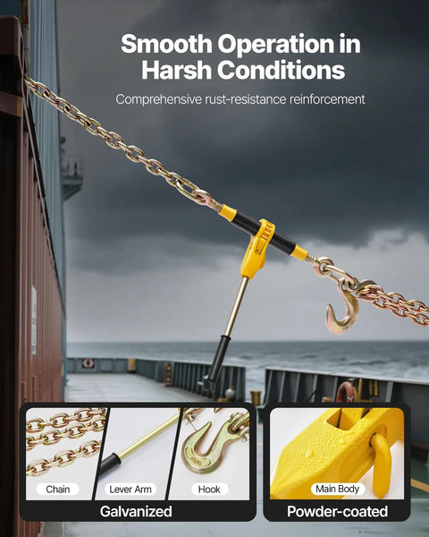 No Nonsense Heavy Duty Ratchet Chain Binder secure cargo like a pro, showing galvanized chain, lever arm, and hook in use.