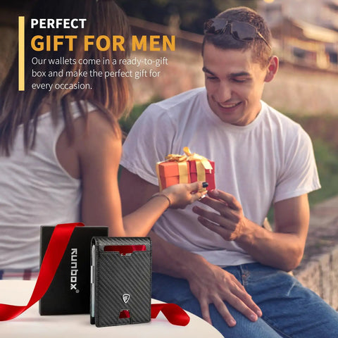 Man receiving Ultra Slim RFID Blocking Wallet With Money Clip For Men Bifold Card Holder That Fits About 11 Cards And Up To 15 Gift Box Included Minimalist Front Pocket Wallet For Everyday Carry as a gift. 