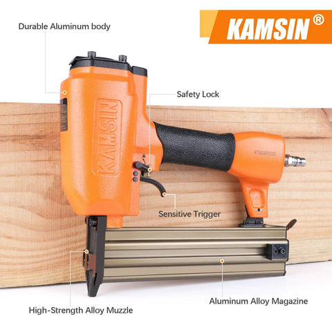Real Deal 16 Gauge Pneumatic Brad Nailer With Side Load Magazine And Rugged Aluminum Body showing safety lock and muzzle features.