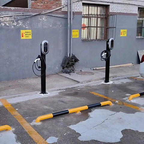 Heavy Duty EV Fast Charger With Kickin DC Fast Charging System and Rugged Steel Cabinet installed in parking lot with clear signage.