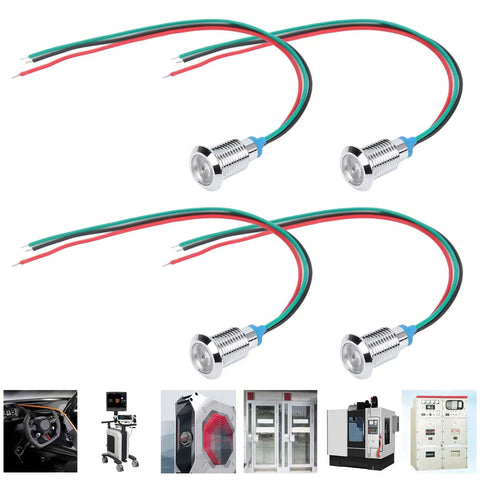 Four Pack Round 10mm Prewired LED Indicator Lights, Common Anode, Red and Green Dual Color, 12 to 24V DC, IP67 Waterproof, IK10 Tough Build