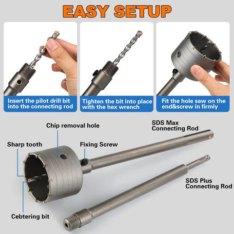 Hole Saw Kit With SDS Plus And Max Shank, 20 Piece Carbide Tipped Tungsten Steel Concrete Drill Bits Set assembly guide