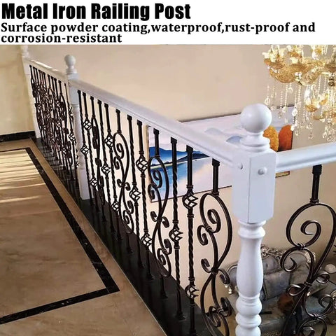 Metal Iron Railing Post with black decorative spindles and white top rail, ideal for indoor staircase use.