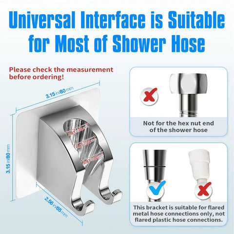 Diagram of Heavy Duty Chrome Handheld Shower Head Holder With Two Hanger Hooks Self Adhesive Wall Mount for shower hoses.