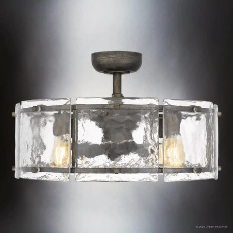 Slick Mid Century Modern Ceiling Fan With Brushed Silver Blades And Super Quiet Motor For Chill Living Room Atmosphere Featuring Handy Remote Control And Hassle Free Setup For Your Home, displaying a modern ceiling light fixture with glass panels.