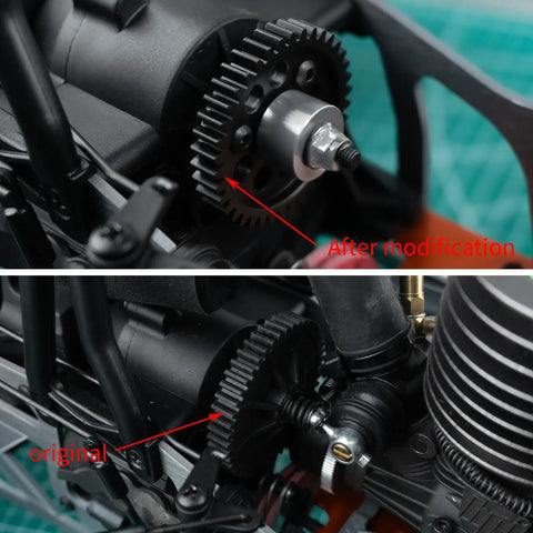 40 Tooth Spur Gear And Slipper Clutch Eliminator Upgrade For One Eighth HPI Savage RC Cars shown installed with modification