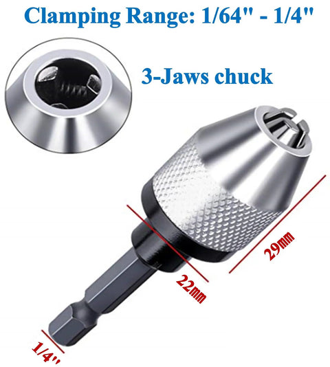 Keyless Chuck Adapter For Impact Driver, 2 Pack, Quick Change One Quarter Inch Hex Shank, 3-jaw design with clamping range 1/64"-1/4"