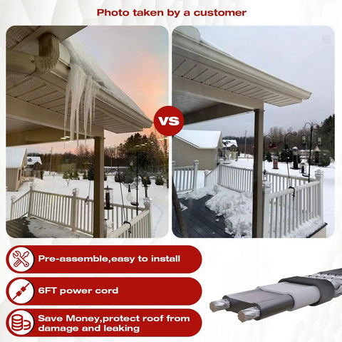 Before and after using self regulating roof heat cable for gutters and roof to prevent ice dams, 8 watts per foot, 60 foot length
