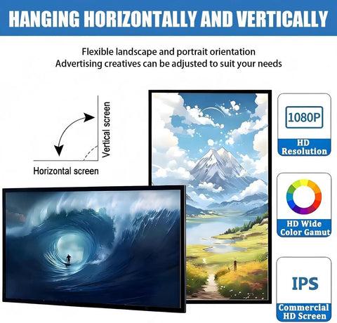 32 Inch Digital Signage Media Player With No Sweat Remote And Simple Split Screen Layout For Retail Displays, showing landscape and portrait orientations.