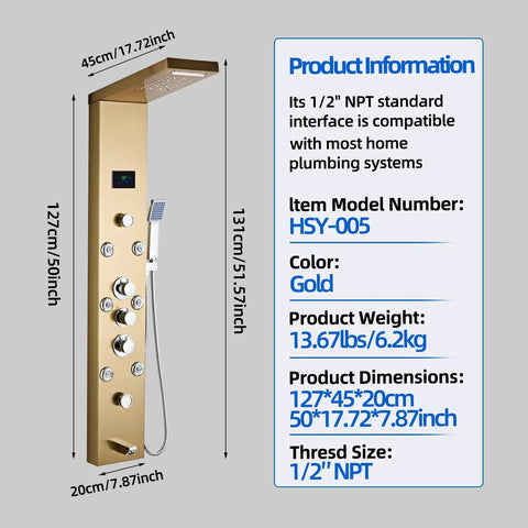 Heavy Duty Led Five In One Shower Panel Tower System With Brushed Gold Finish And Rock Solid 304 Stainless Steel Frame dimensions and features.