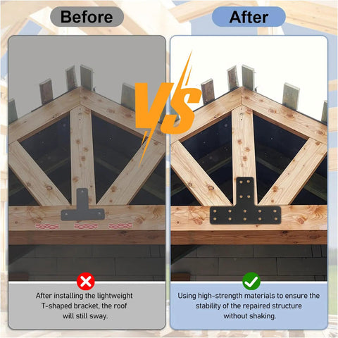 Heavy Duty T Post Brackets Flat Mending Plate Repair Kit Featuring T Shaped Pillar Connectors shown in roof stability comparison image.