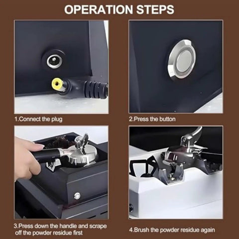 Slick Electric Coffee Puck Knock Box For Zero Hassle Espresso Cleanup Featuring Detachable Grounds Container And Spare Brush Heads operation steps for easy cleaning.