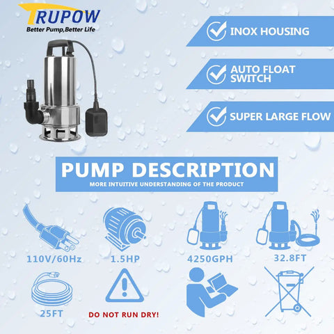Tough As Nails 1.5HP Submersible Sump Pump 115V Stainless Steel For Clean And Dirty Water, 4250 GPH features.