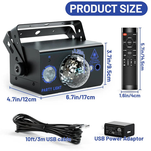 Disco Ball LED Lights 2 In 1 Party Lights With Sound Activated Modes And Remote Control dimensions and accessories displayed