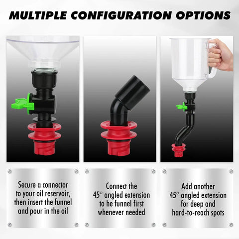 No Spill 20 Piece Engine Oil Funnel Kit with adapters and fittings for easy oil changes across GM Ford BMW Audi Toyota and more