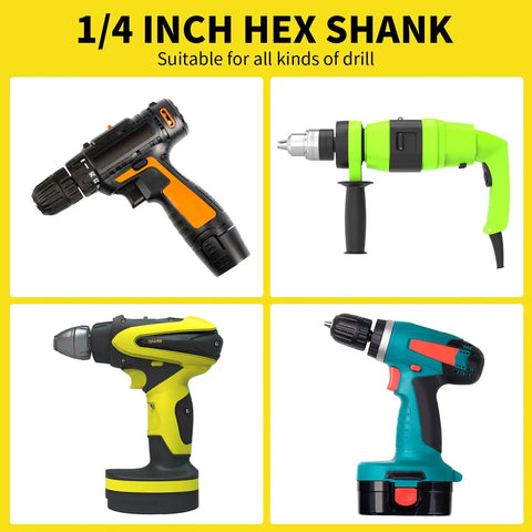 Four different drills with 1/4 inch hex shank suitable for Four Pack Drill Wire Cup Brushes With 1/4 Inch Hex Shank 0.010 Inch Carbon Steel Coarse Attachments For Rust Removal Upgraded To 72A Steel For Tougher Jobs Heavy Duty Cup Holder Design Fast Rust Busting And Metal Prep.