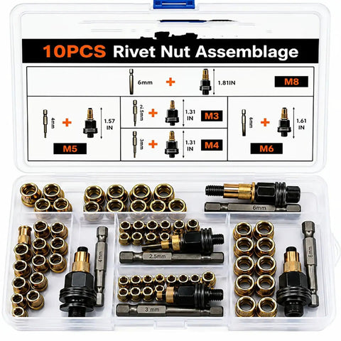 Rivet Nut Tool Kit Heavy Duty For M3 To M8 Sizes With Carbon Steel Rivnut Installer Adapters Includes M3 M4 M5 M6 M8 Heads And Assorted Rivet Nuts Manual Or Drill Powered Threaded Insert Tool Two Pack, case with M3-M8 heads and rivet nuts