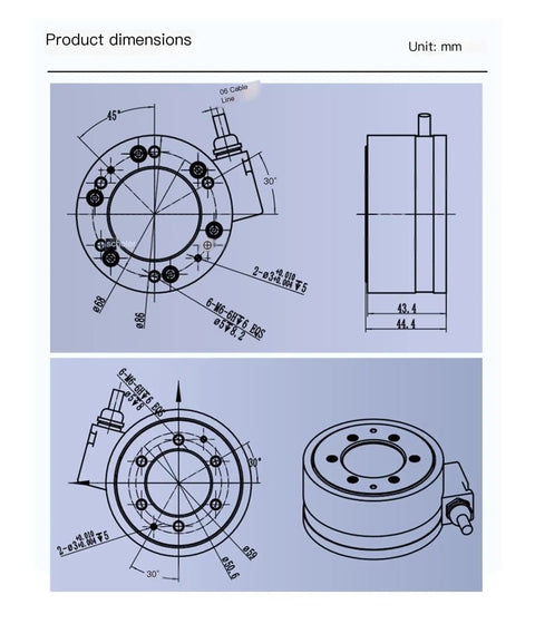 Technical diagram of Six Axis Industrial Force Sensor For Torque Measurement, Compact Multiaxis Load Cell For Robotic Arms, dimensions in mm